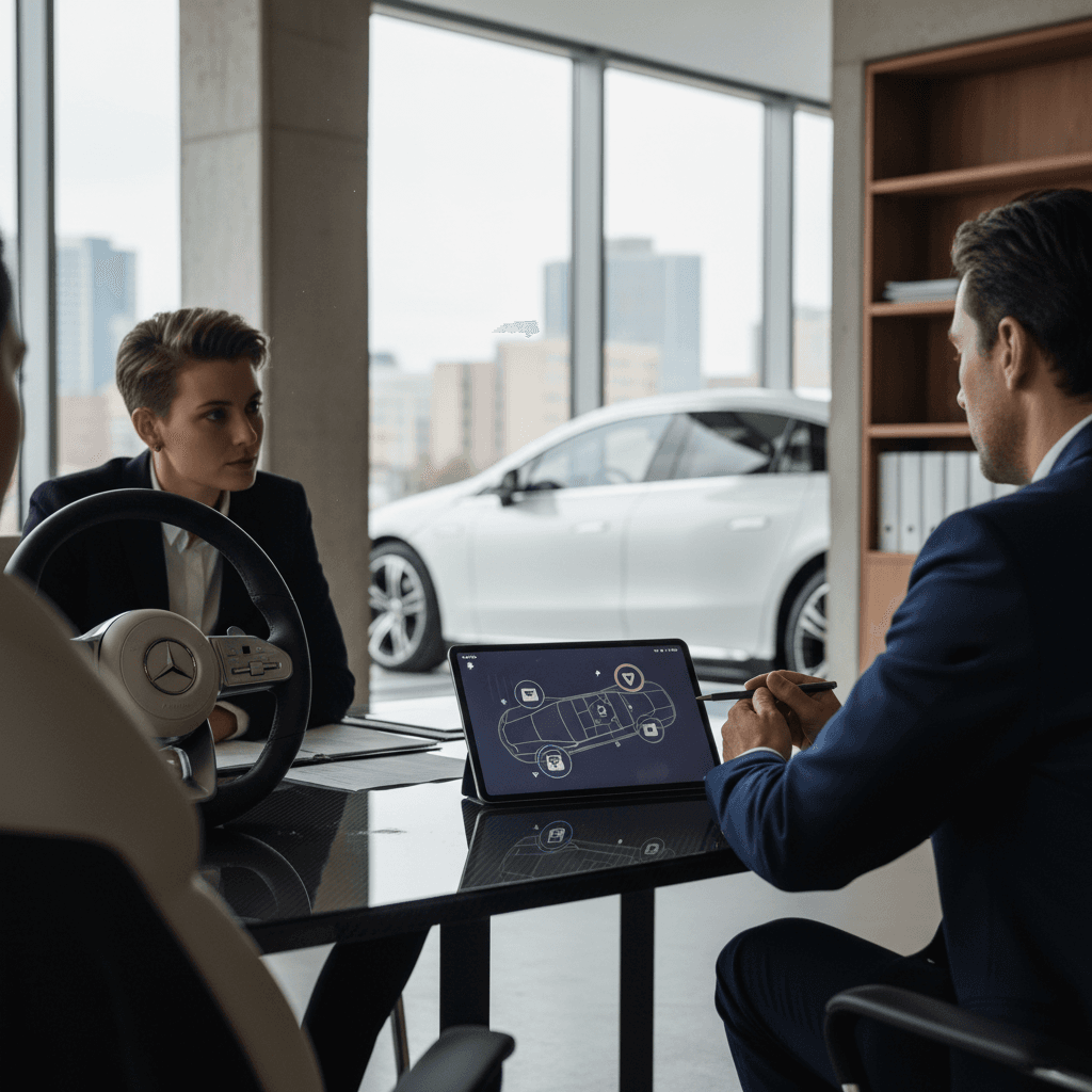Insurance advisor discussing policy options with a Mercedes EQS owner, reviewing monthly premium scenarios on a laptop