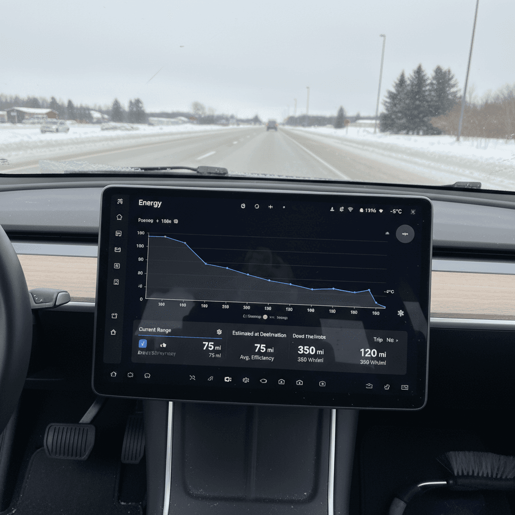 2021 Ford Mustang Mach-E driver viewing energy and range data on central touchscreen during a trip