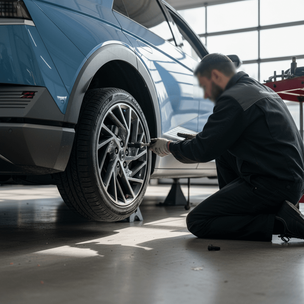 Technician inspecting wheels and brakes on a Hyundai Ioniq 5 inside a modern service bay