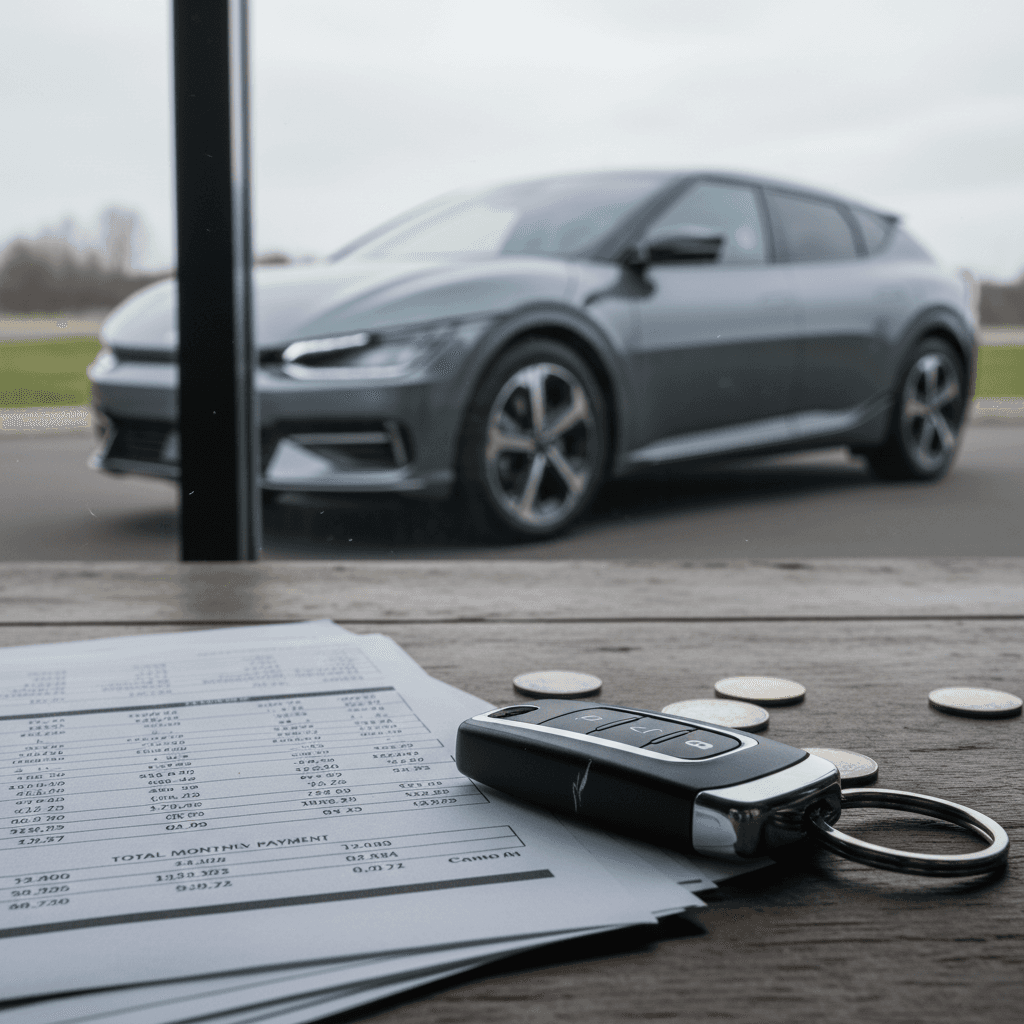 Calculator, auto loan paperwork, and car key fob on a desk with a Kia EV6 parked outside a window.