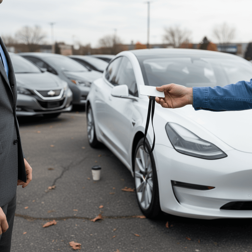 Seller and buyer completing paperwork beside a white Tesla Model 3 in a dealership lot