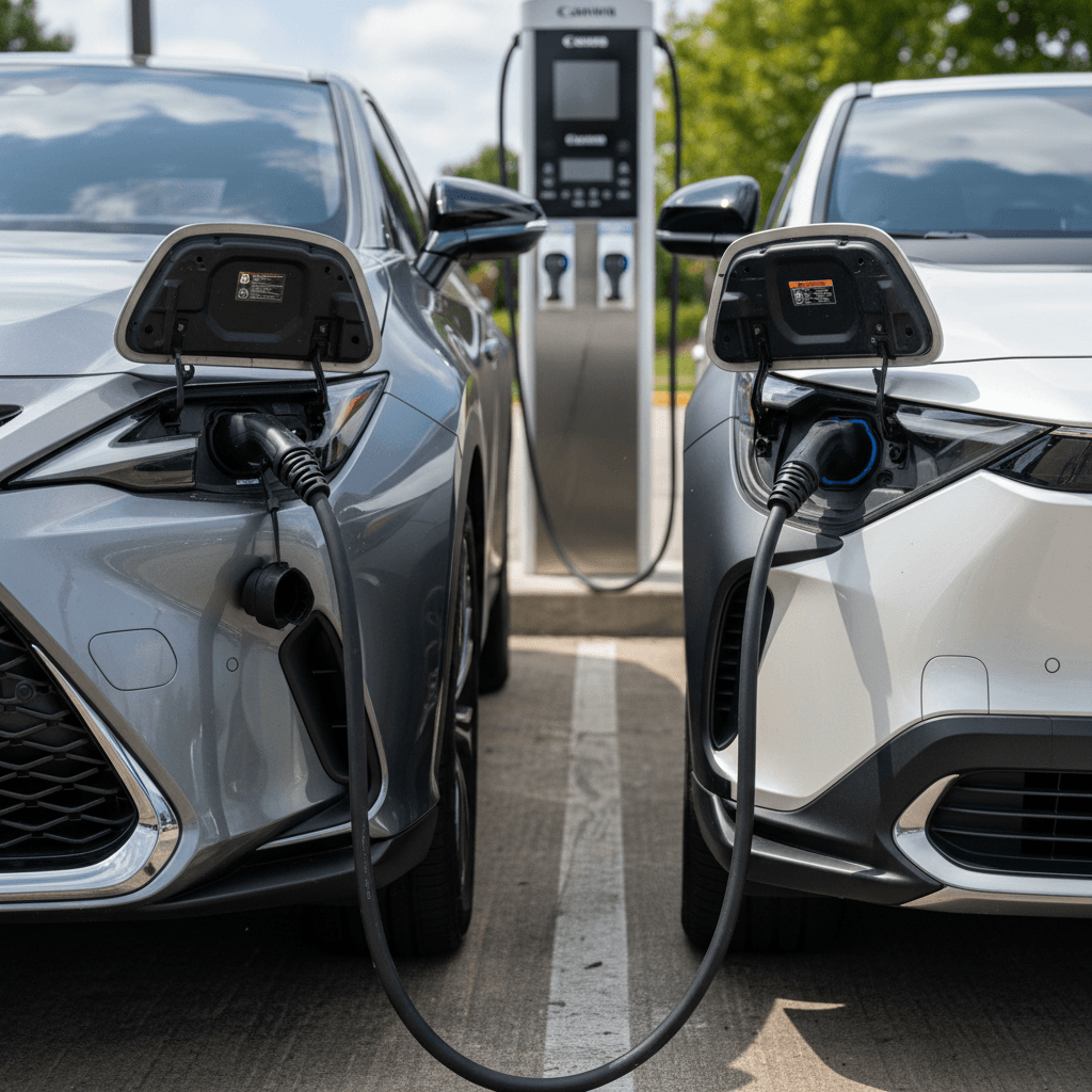 Close-up of a 2026 Toyota bZ electric SUV using a NACS connector at a public fast charging station