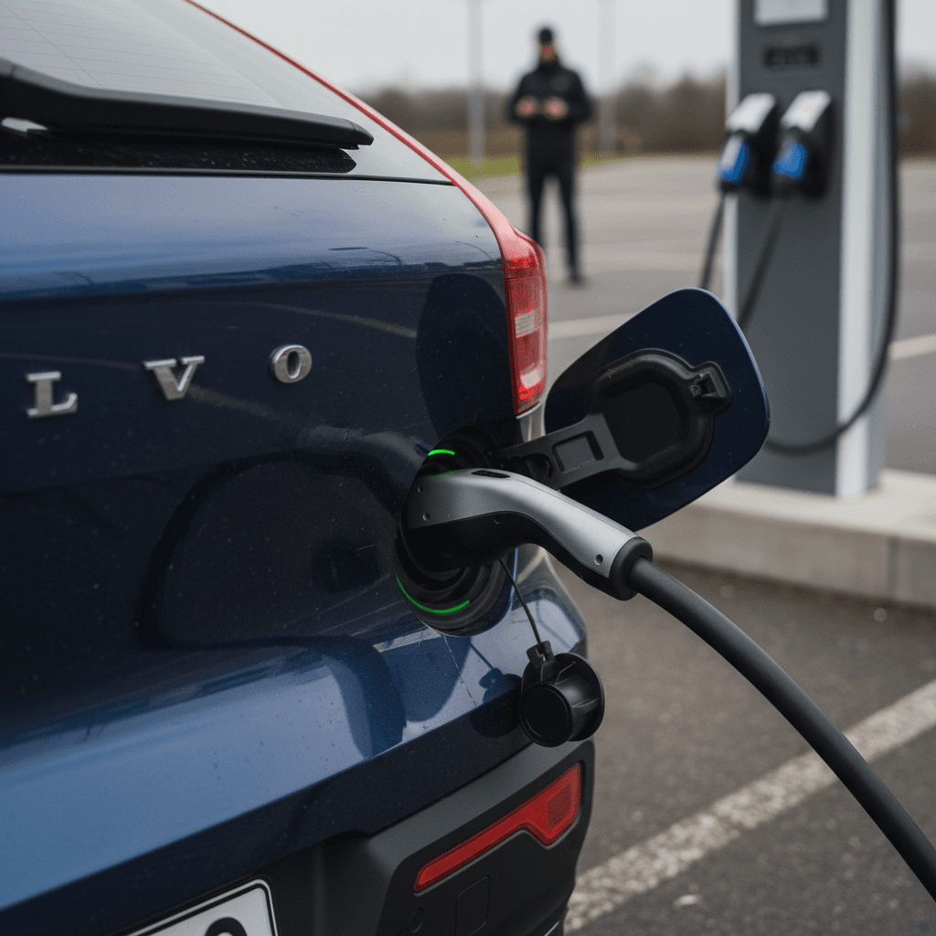 Volvo C40 Recharge plugged into a public DC fast charger, showing coupe-style rear glass and charge port