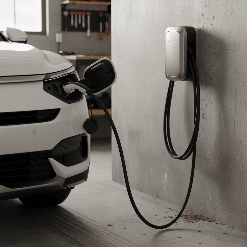 Kia EV9 plugged into a wall mounted Level 2 home charger inside a residential garage