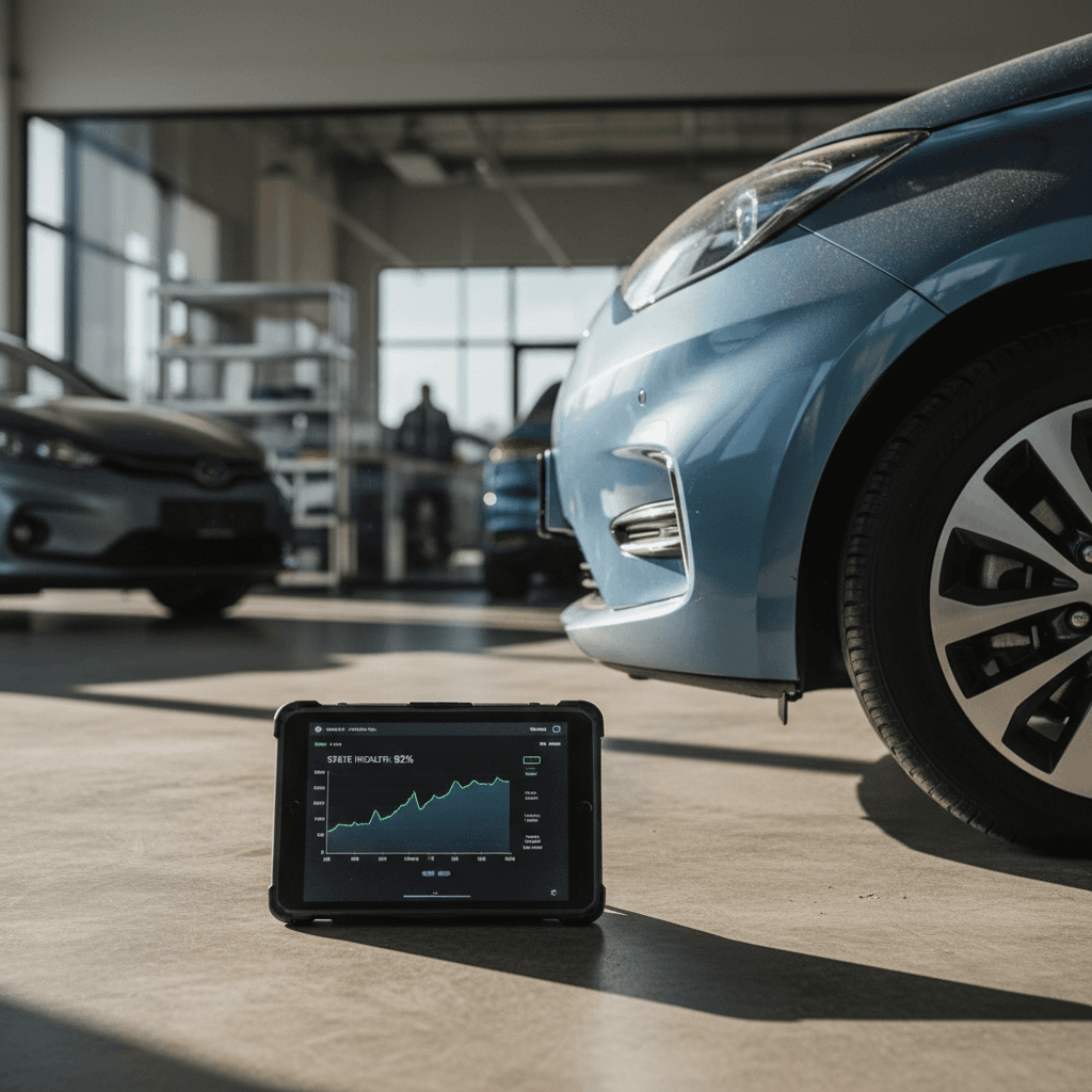 Tablet displaying a detailed EV battery health and range report next to a used electric car in a bright showroom