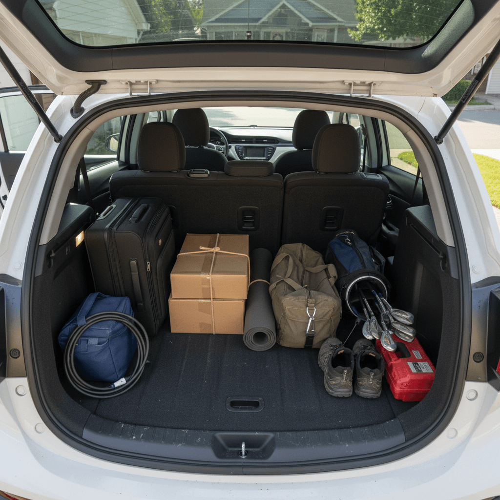 Chevrolet Bolt EV interior viewed from the open hatch with the rear seats folded down and cargo items arranged to show the mostly flat load floor.
