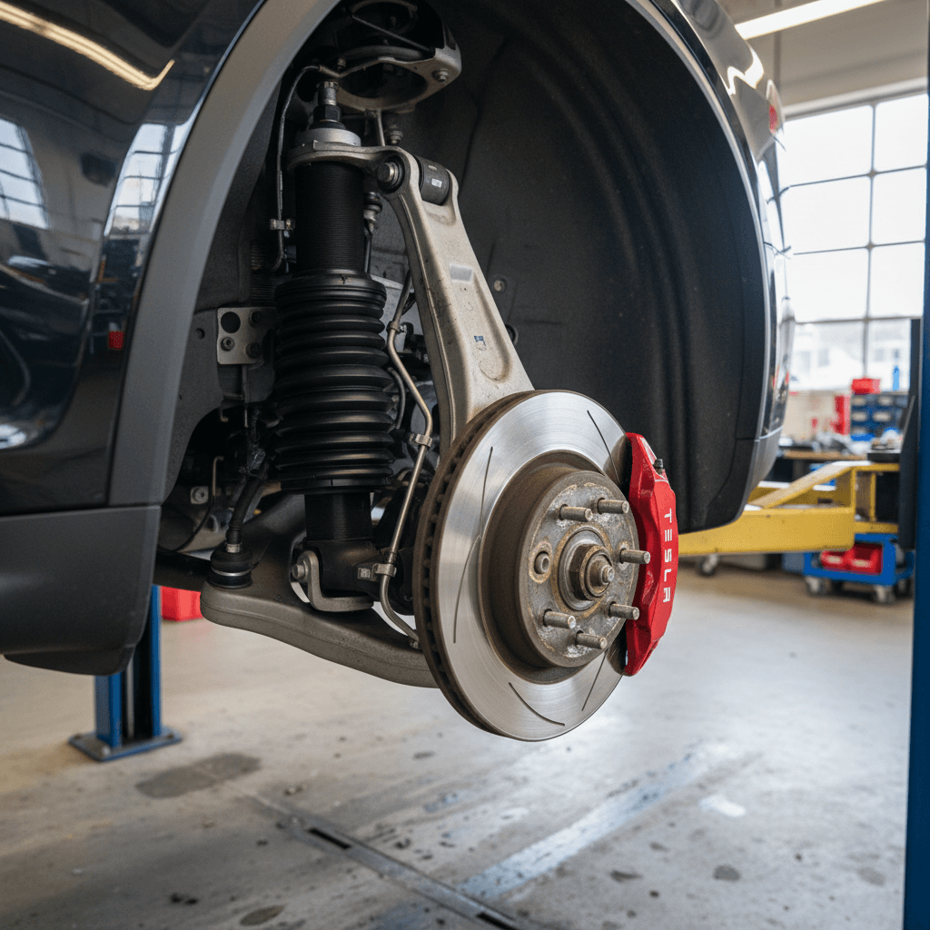 Tesla Model X wheel and brake assembly on a lift in a service bay