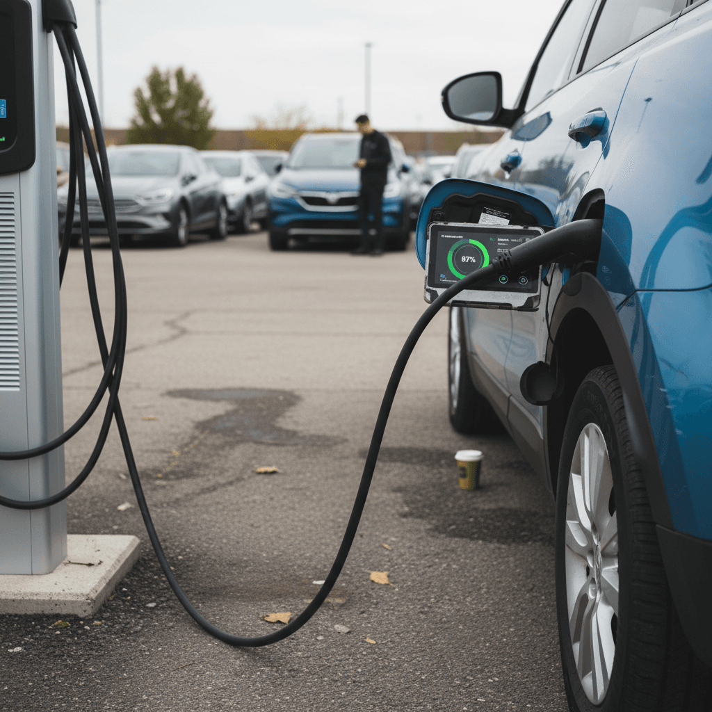 Row of pre owned electric vehicles parked on a dealership lot