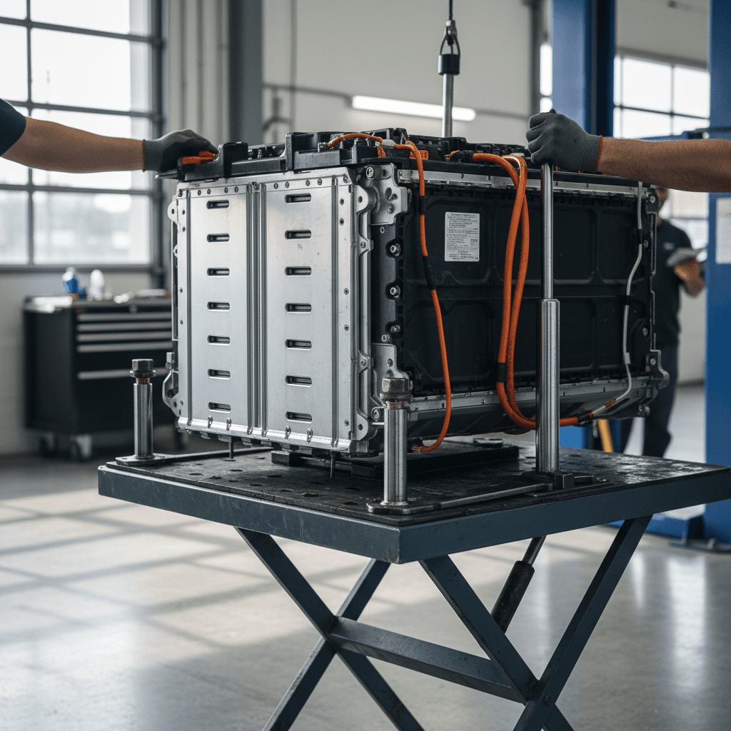 Mechanic replacing a conventional 12‑volt car battery under the hood