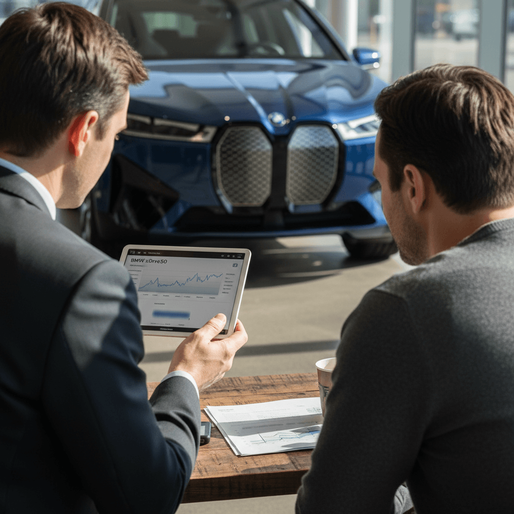 Owner and dealer reviewing a 2022 BMW iX trade-in appraisal on a tablet in a showroom setting