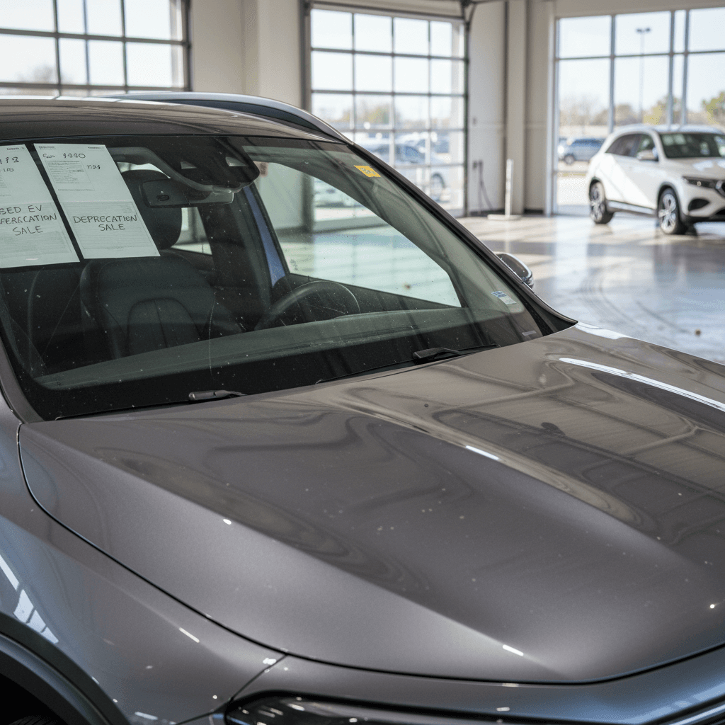 Used Mercedes EQB electric SUV on a dealer-style lot with pricing displayed, representing typical 3-year-old resale values