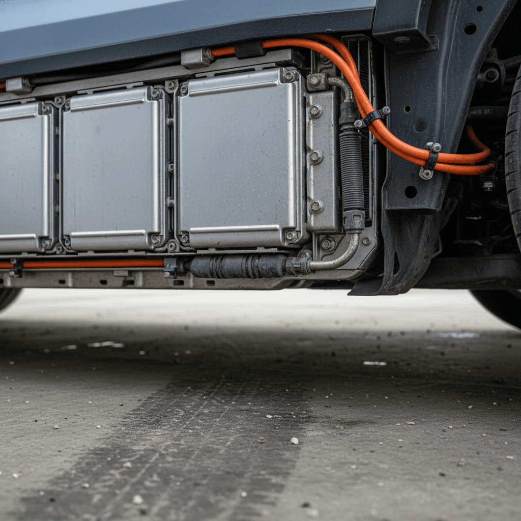 Close-up view of an electric vehicle battery pack and high-voltage cabling under the chassis