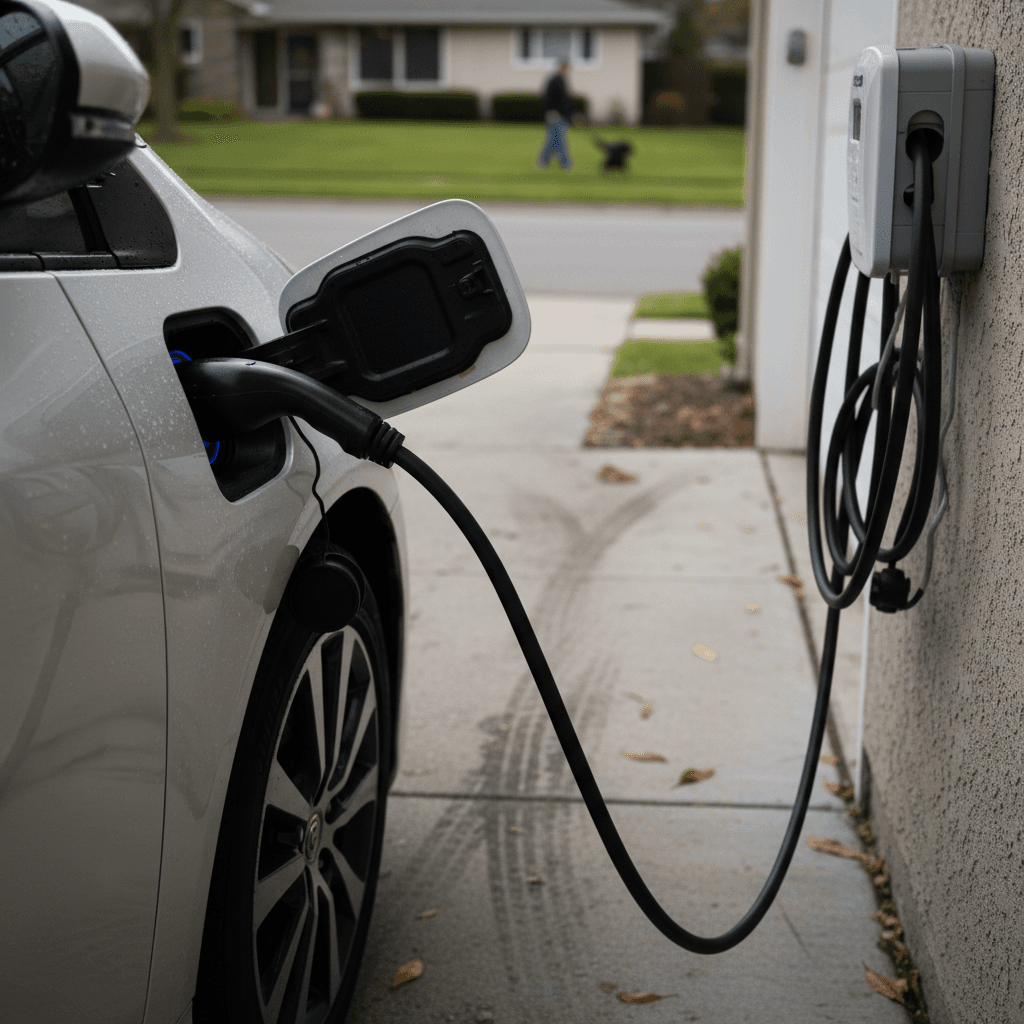 Toyota Prius Prime plugged in at a home driveway showing hatchback cargo area