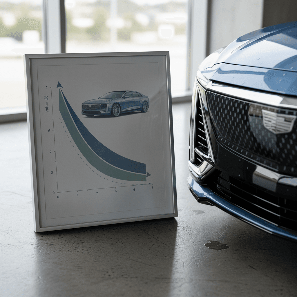 Illustrated five-year depreciation curve for a Cadillac Lyriq showing a steep drop in the first three years and flattening by year five
