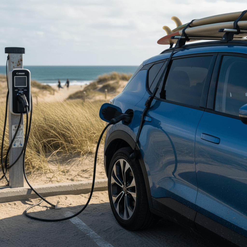 Electric crossover charging beside sand dunes in a beach parking lot, with surfboards on roof racks