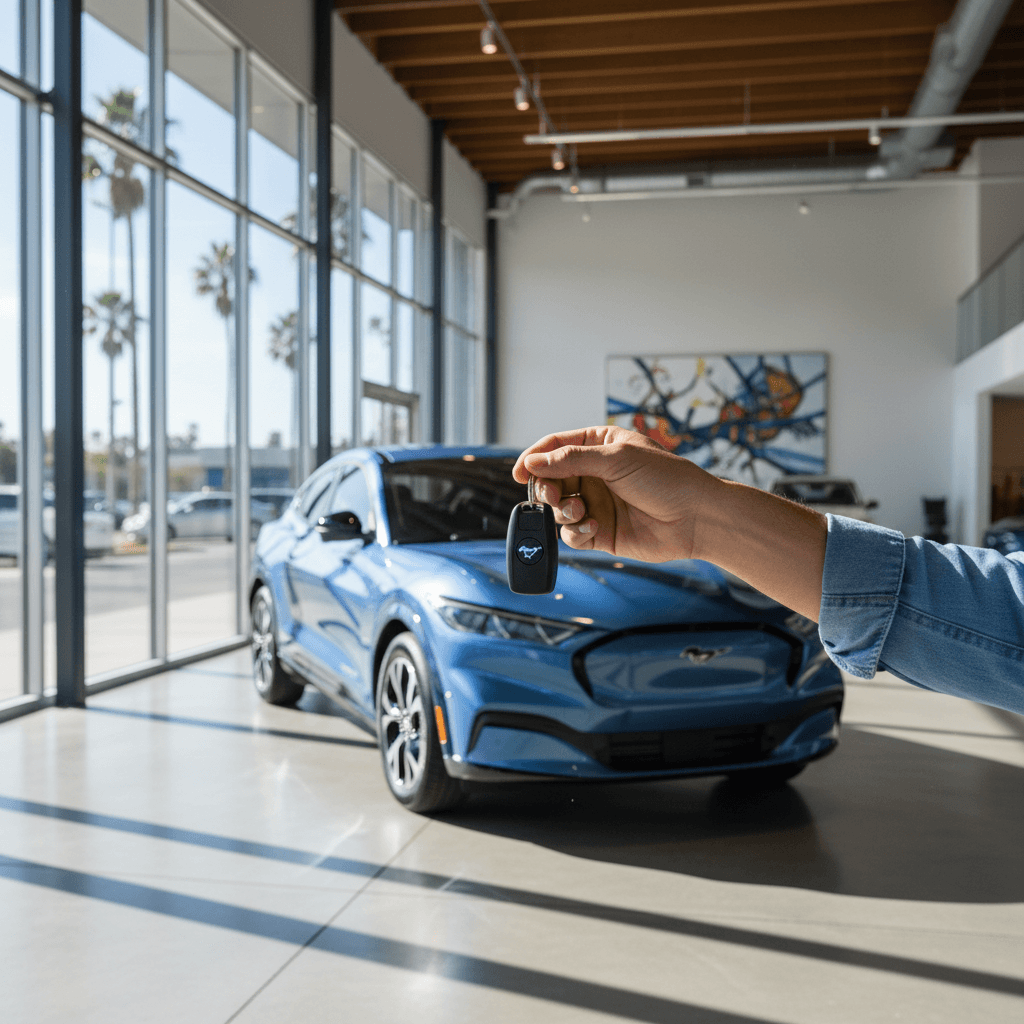California seller meeting a buyer next to a clean Ford Mustang Mach‑E outside an EV dealership