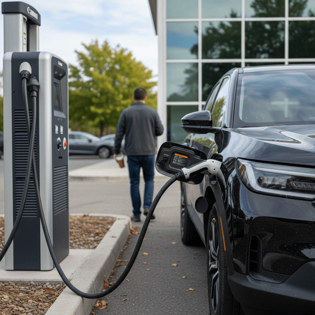 Honda Prologue charging at a public fast charger with driver returning to the vehicle