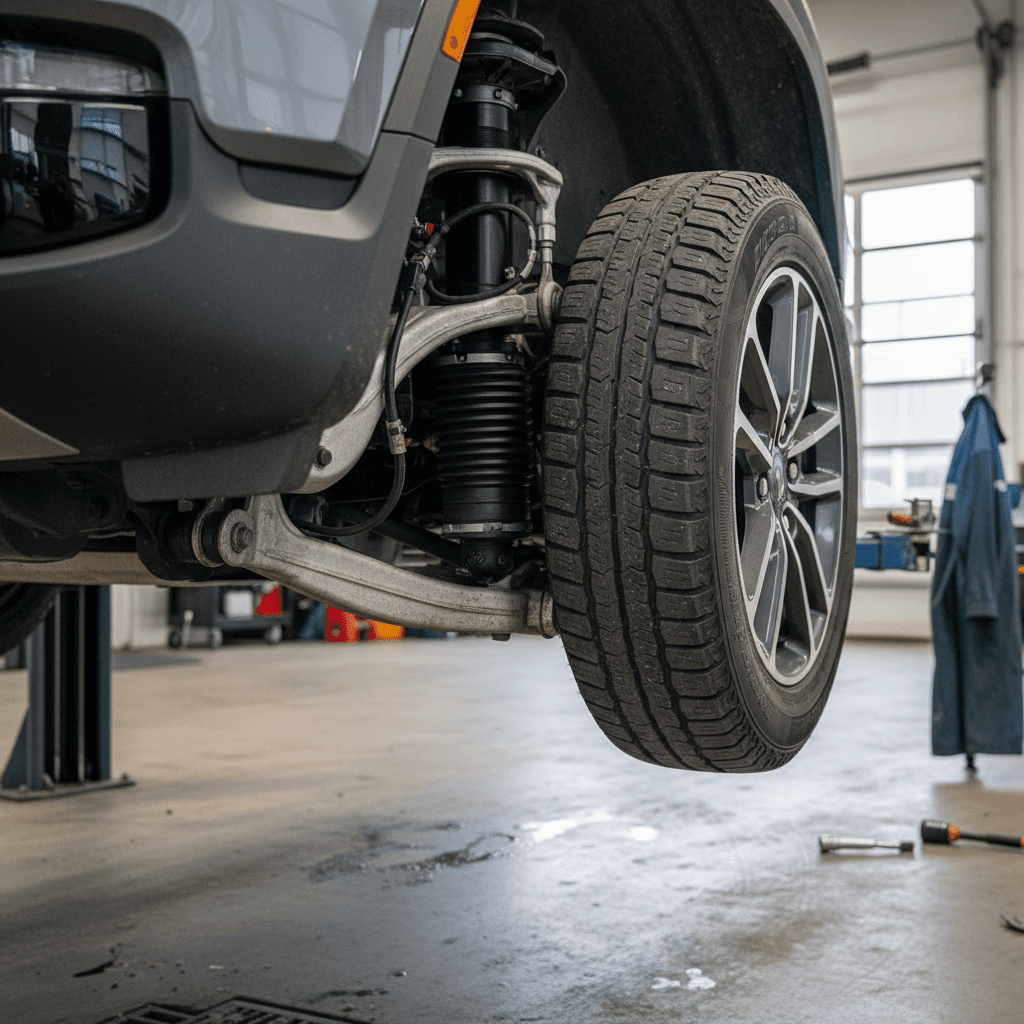 Rivian R1S on a lift showing control arms, air struts and suspension components being inspected