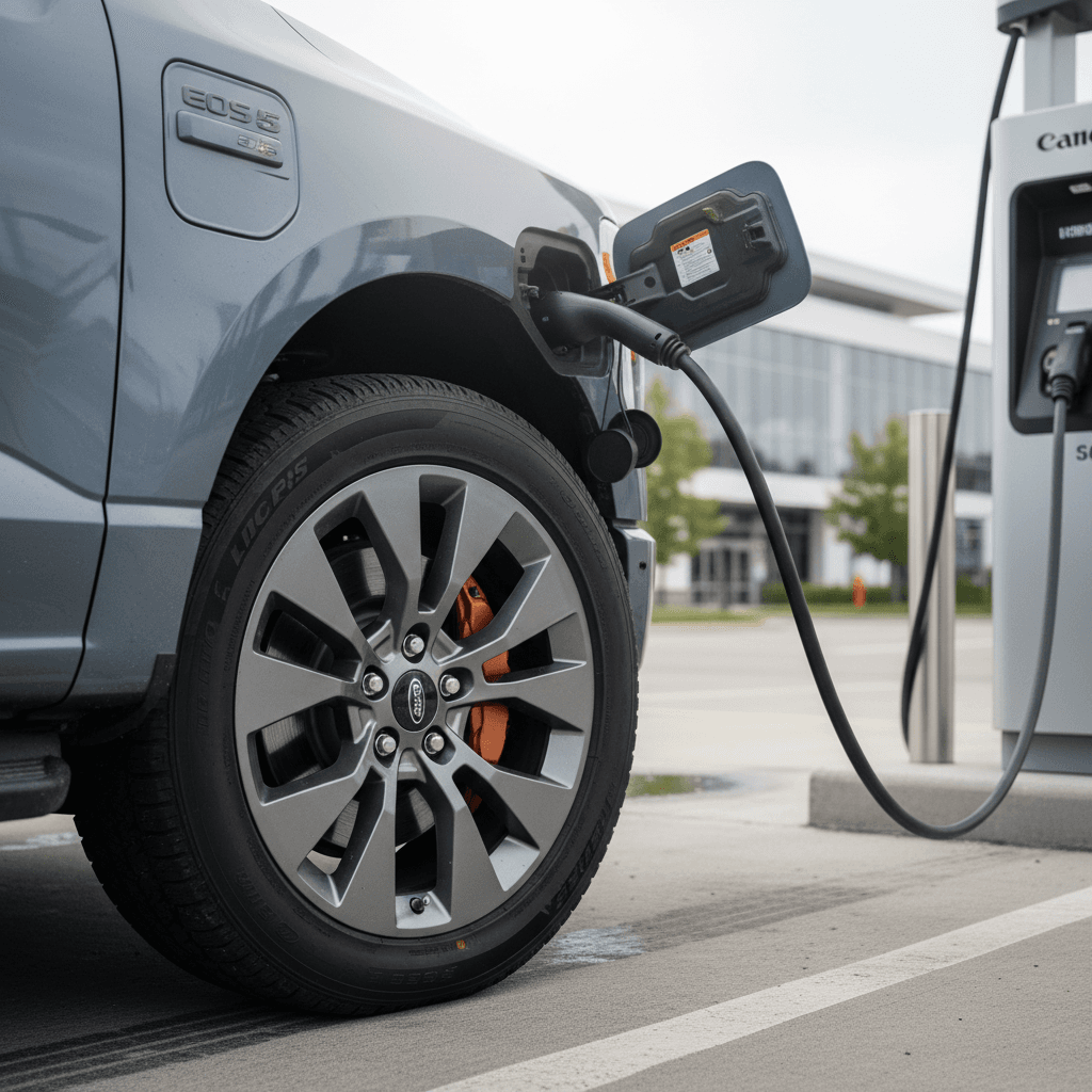 Close-up of a 2024 Ford F-150 Lightning plugged into a DC fast charger, showing the charge port and wheel.