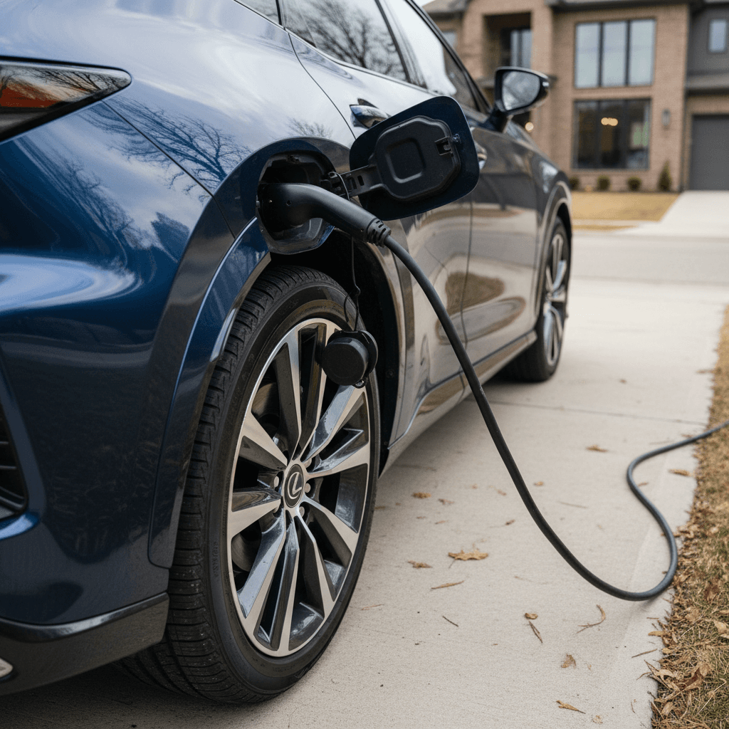 Clean Lexus RZ 450e parked in a driveway with charging cable plugged into the port