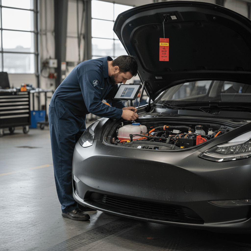 Tesla technician inspecting a 2020 Model Y with the hood open in a service bay