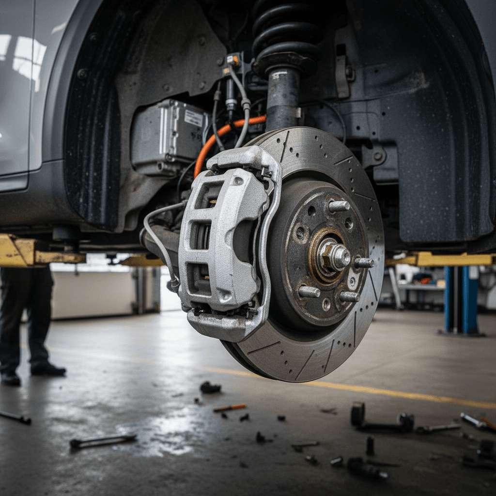 Kia Niro EV on a lift with wheels removed while a technician inspects the front and rear brake components