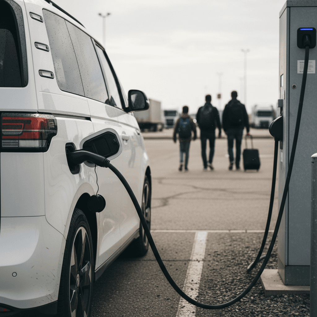 A 2024 Volkswagen ID. Buzz plugged into a DC fast charger at a highway rest stop, with a family walking toward the building.