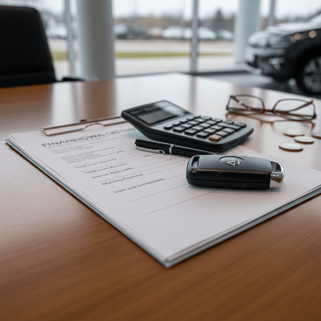 Loan paperwork, car keys and calculator on a desk next to a tablet showing a used Kia Niro EV listing