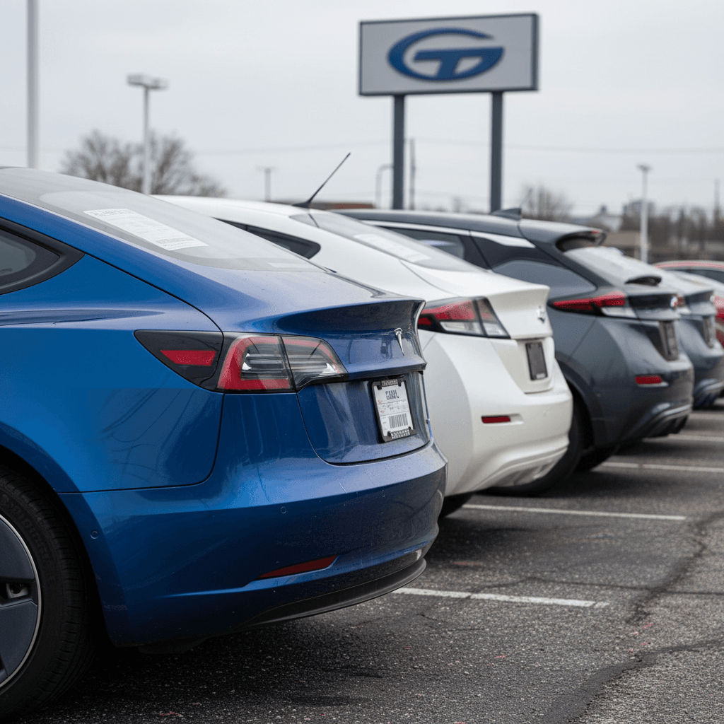 Row of used electric vehicles, including Teslas and other brands, lined up on a Richmond, Virginia dealer lot with pricing stickers on the windshields.