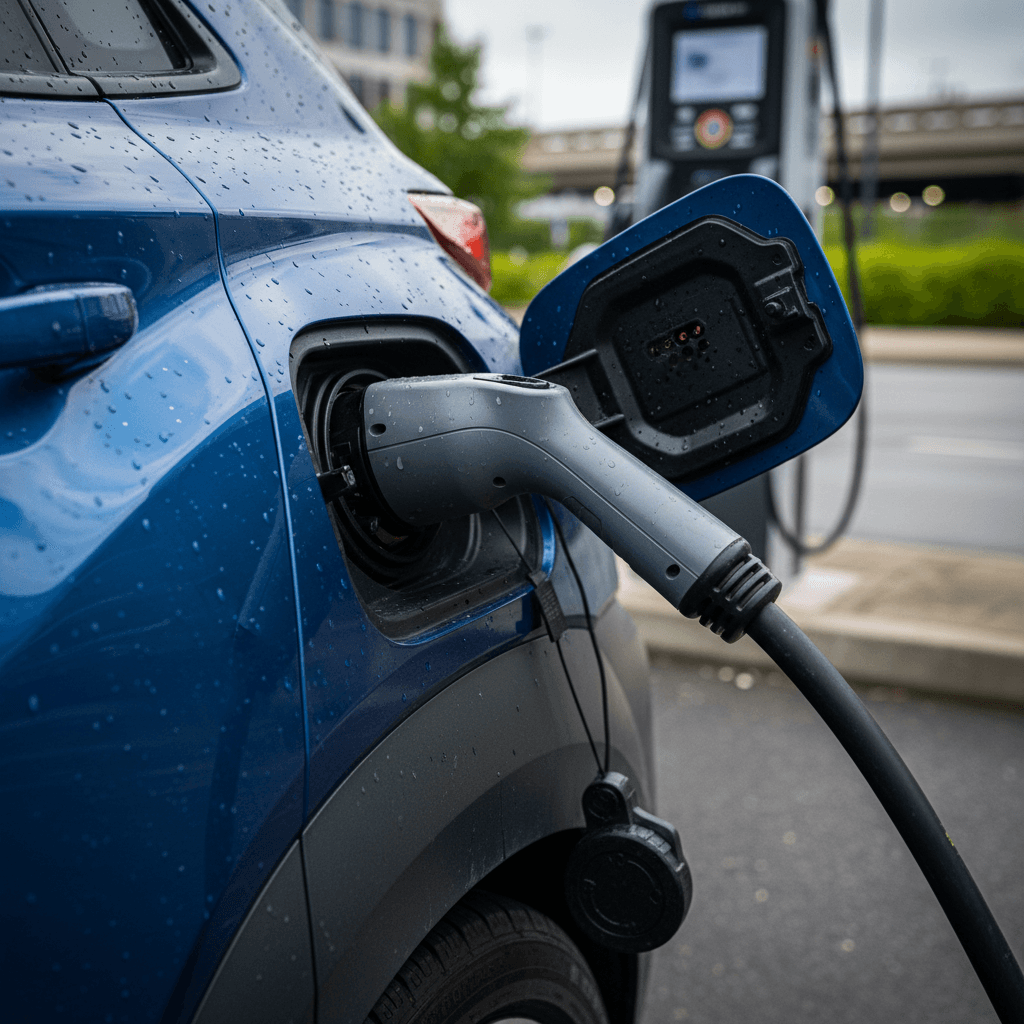 Hyundai Kona Electric plugged into a public DC fast charger showing charging status on the screen
