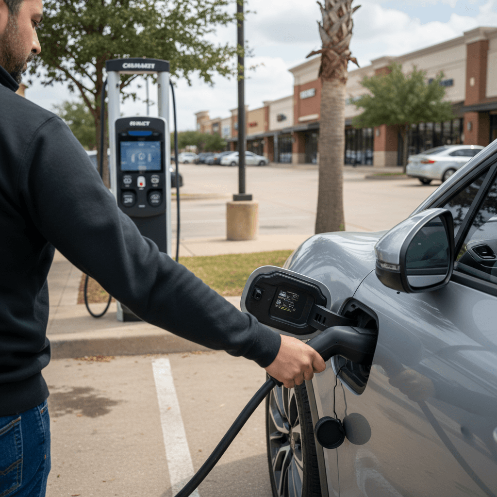Driver in Dallas plugging an electric vehicle into a DC fast charging station at a suburban shopping center parking lot