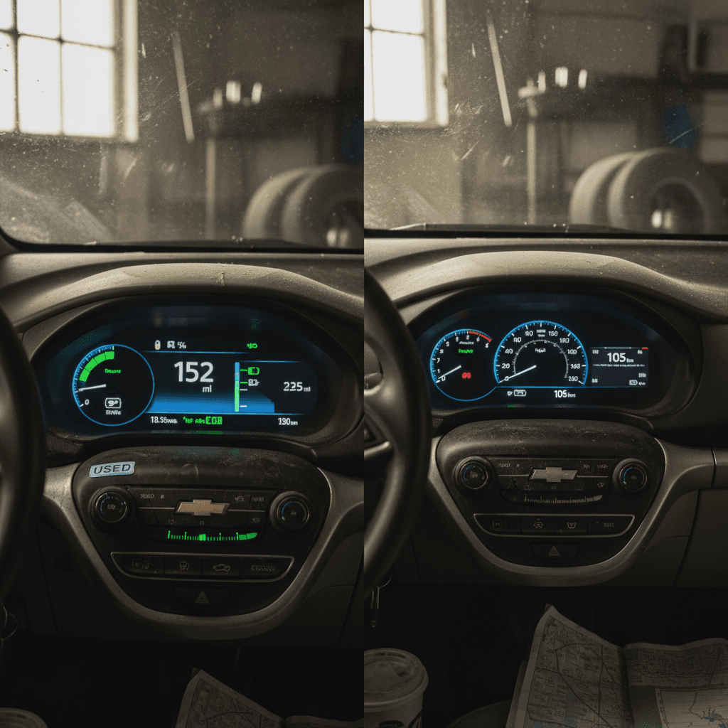 Instrument clusters of a used Chevy Bolt EV and Nissan Leaf showing battery gauges, range estimates, and state of charge.
