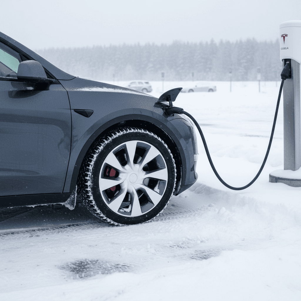 Tesla Model Y charging at a public station in snowy winter conditions, illustrating cold-weather range planning
