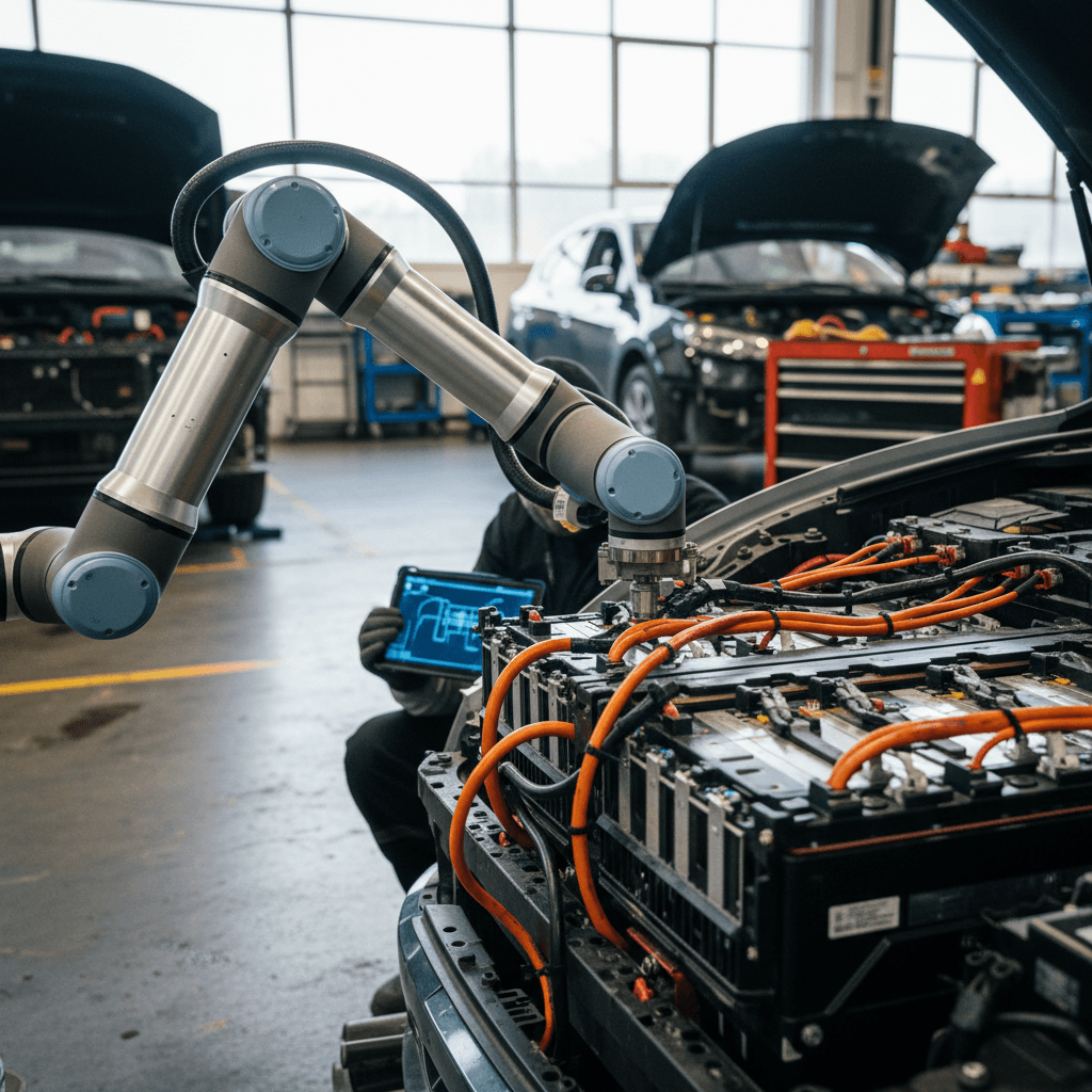EV owner talking with a technician at an auto repair shop service counter