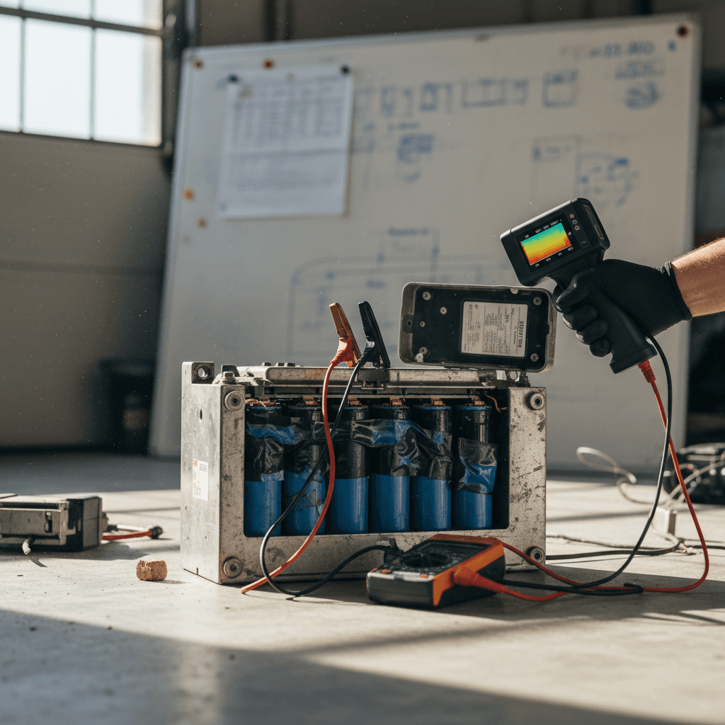 Exposed electric vehicle battery pack and chassis in a workshop