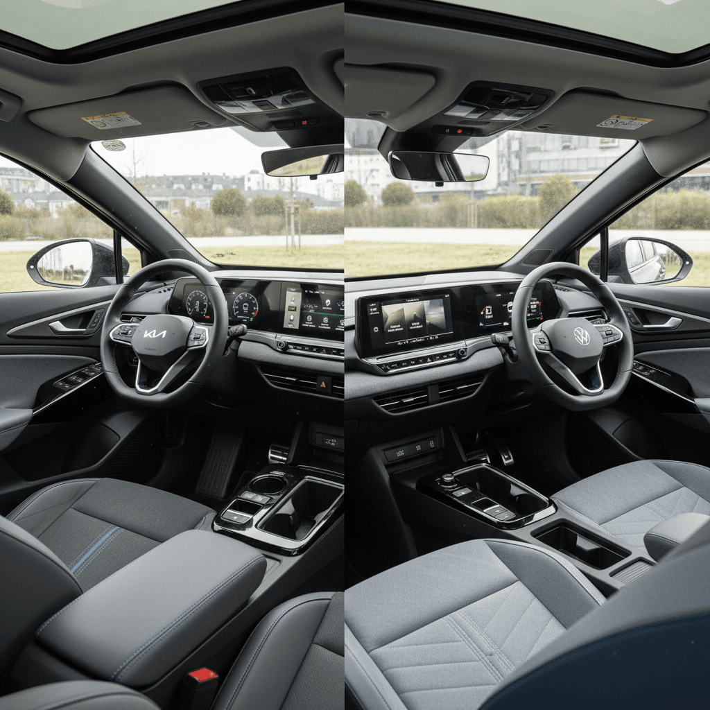 Cabins of a Kia EV6 and Volkswagen ID.4 showing dashboards, center screens, and front seats