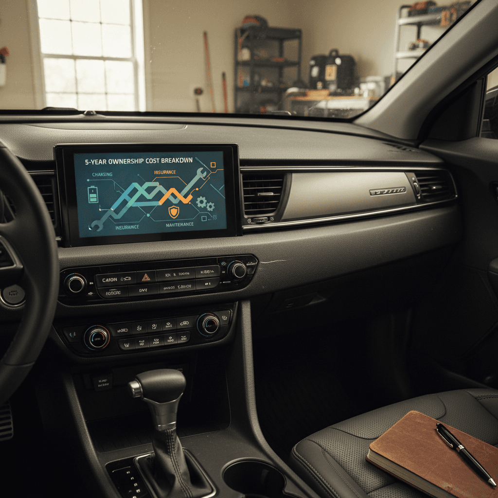 Infographic-style breakdown of 5-year Kia Niro EV ownership costs, including charging, maintenance and insurance, compared with a gas crossover