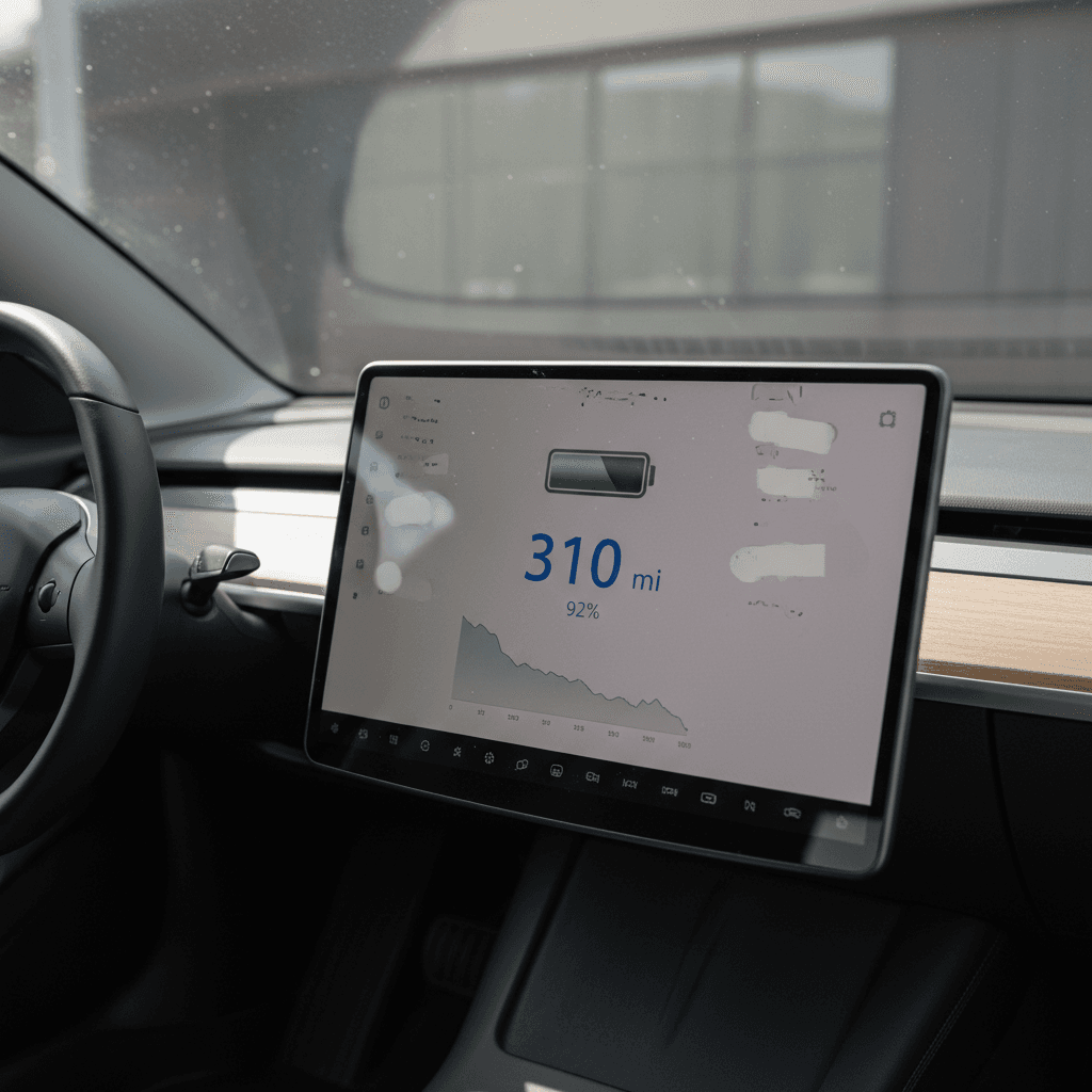 Tesla Model 3 center touchscreen showing battery percentage and rated range on the charging screen
