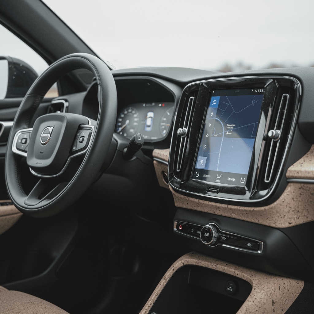Minimalist Volvo EX30 interior with central portrait touchscreen and fabric textures