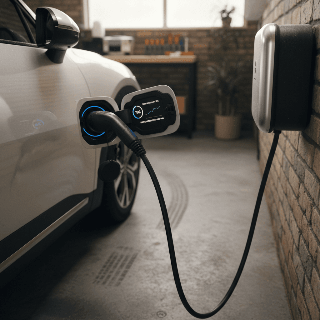 Kia EV9 plugged into a Level 2 home charger showing battery status on digital display