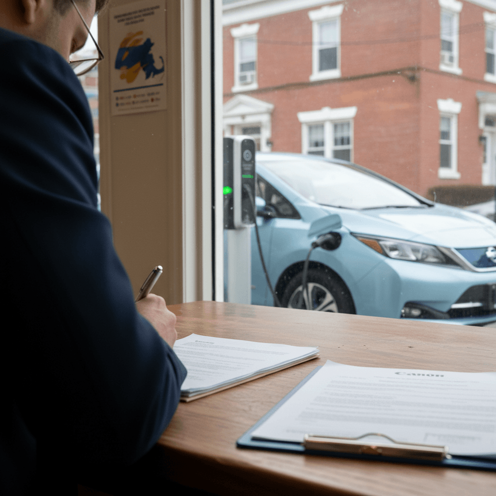Customer reviewing documents for a used electric car purchase while the vehicle charges at a station outside a Boston-area dealership