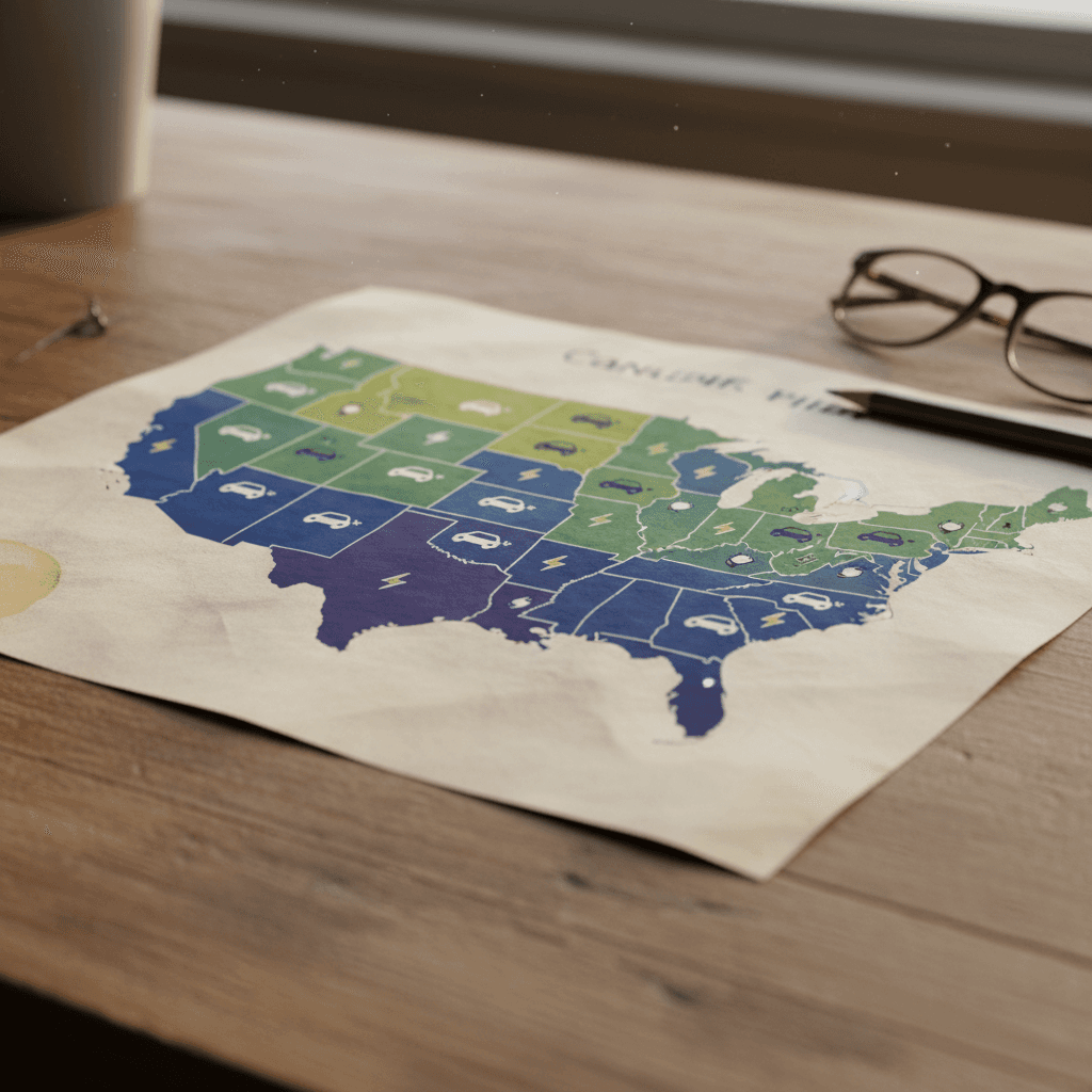 Illustrated map of the United States showing states shaded for higher and lower EV insurance costs, with icons of electric cars and charging plugs over major regions