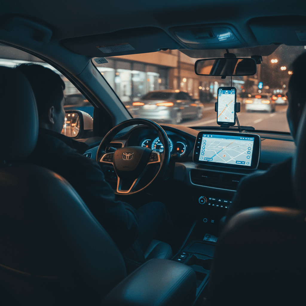 Lyft passenger sitting comfortably in the back seat of a used electric hatchback while the driver follows navigation on a screen