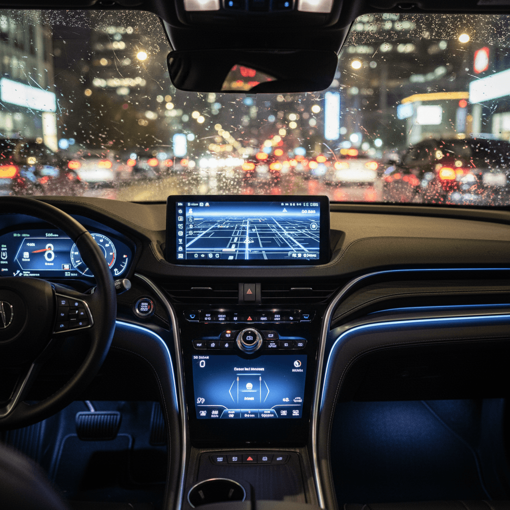 Driver’s view inside an Acura ZDX with large central touchscreen, digital gauges, and ambient lighting at night