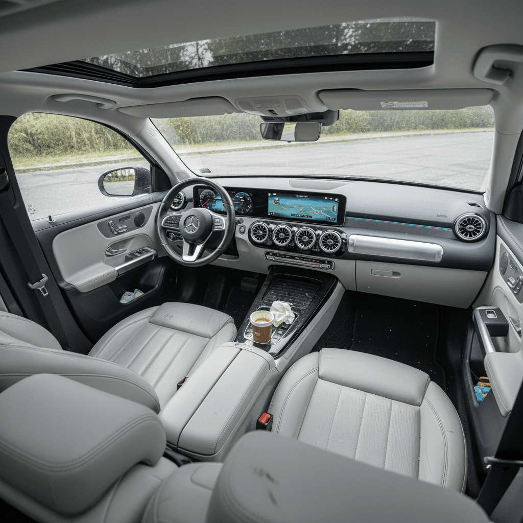 Interior of a Mercedes EQB electric SUV showing three-row seating and digital screens