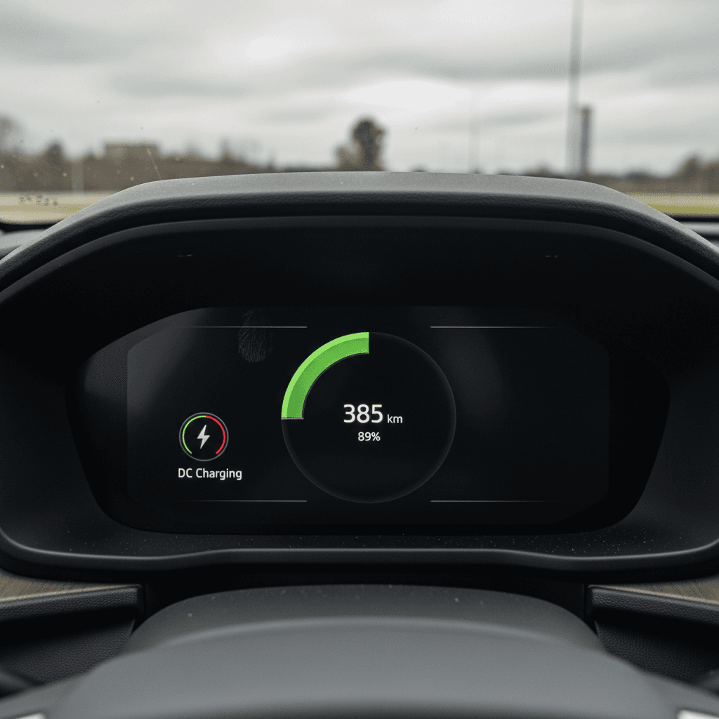 Polestar 2 digital gauge cluster showing remaining range and state of charge while driving on the highway