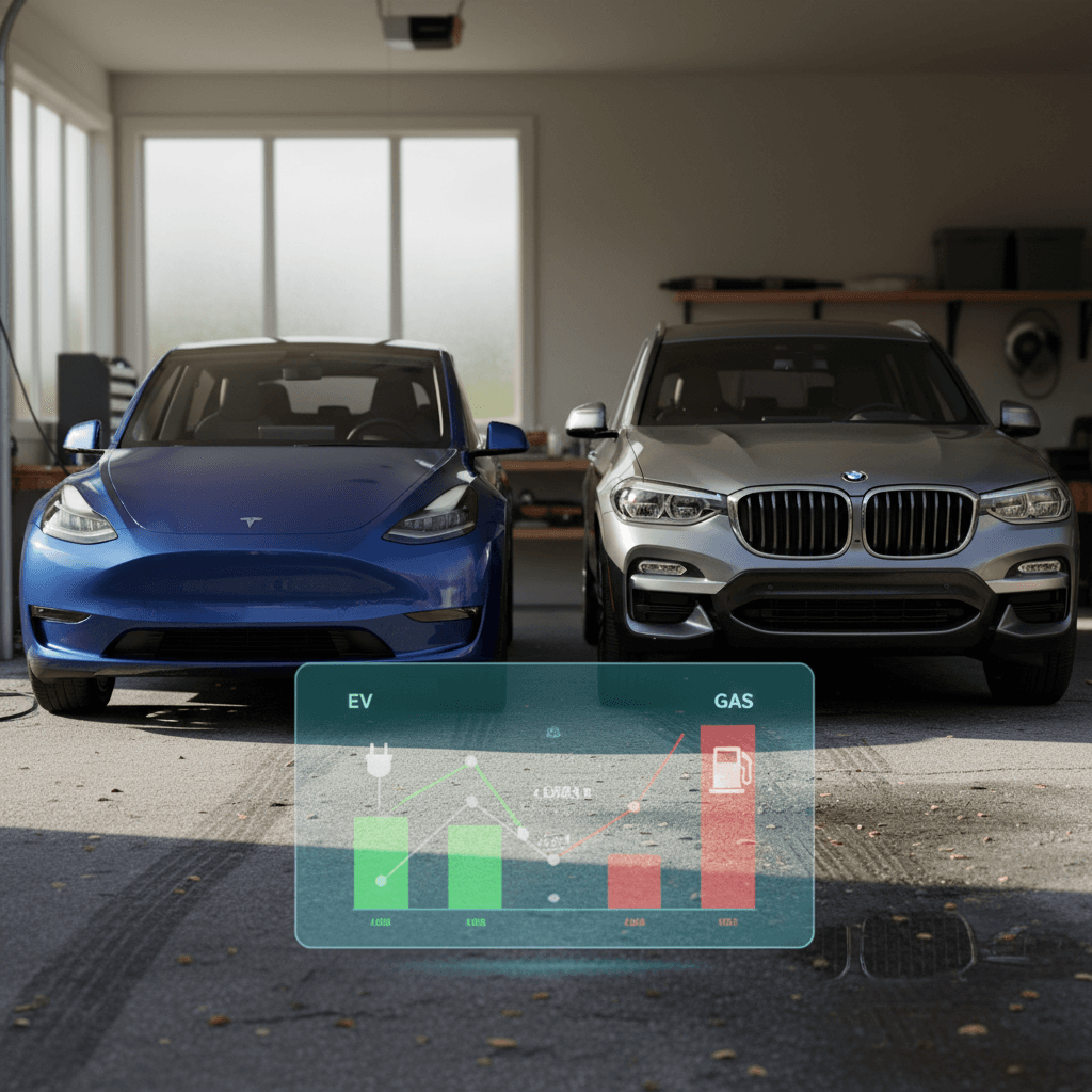 Side-by-side illustration of an electric car and a gasoline car with cost per mile comparison for a short daily commute