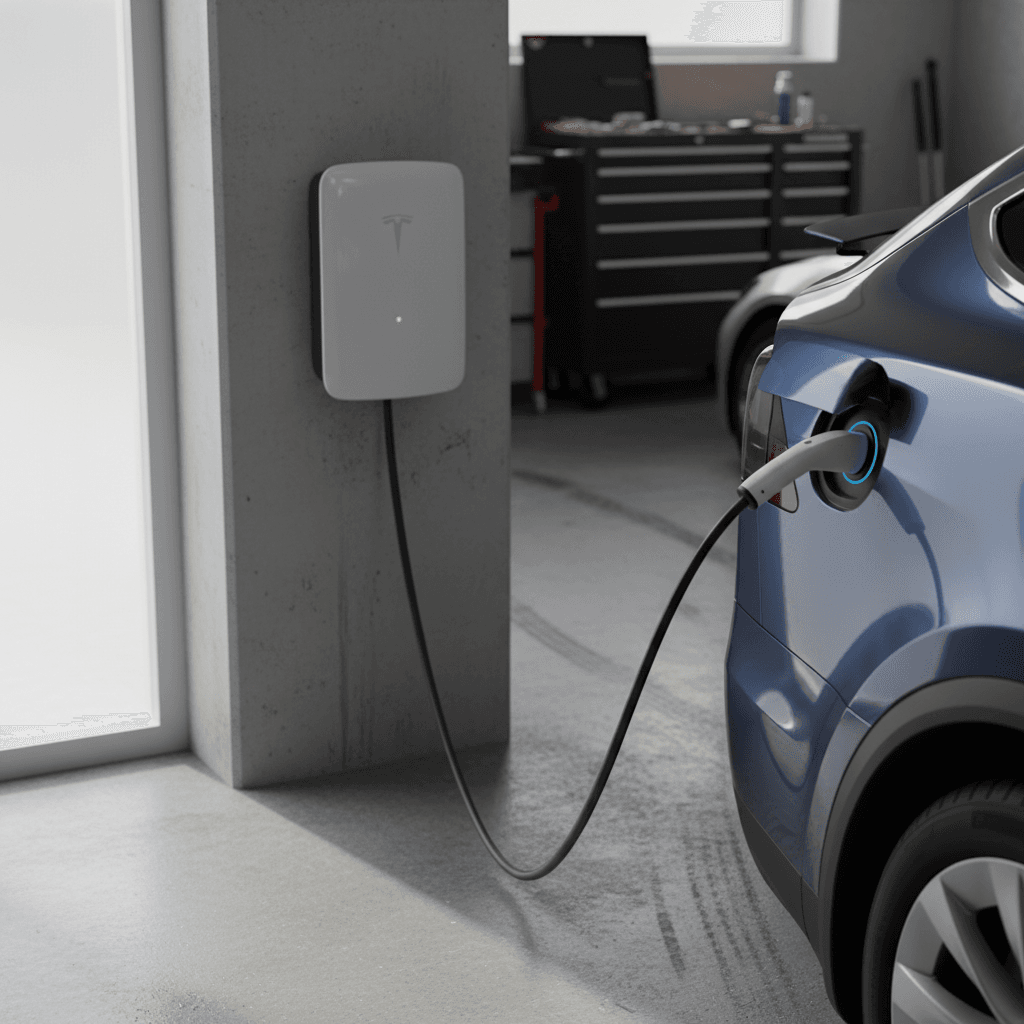 Tesla Model X plugged into a wall-mounted Level 2 home charger inside a residential garage