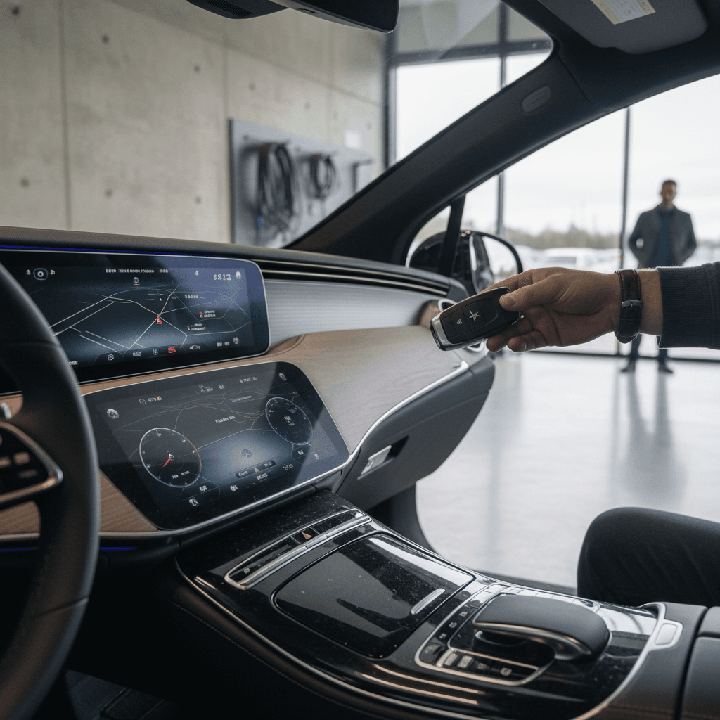 Seller handing over keys to a Mercedes EQS in a bright, modern showroom