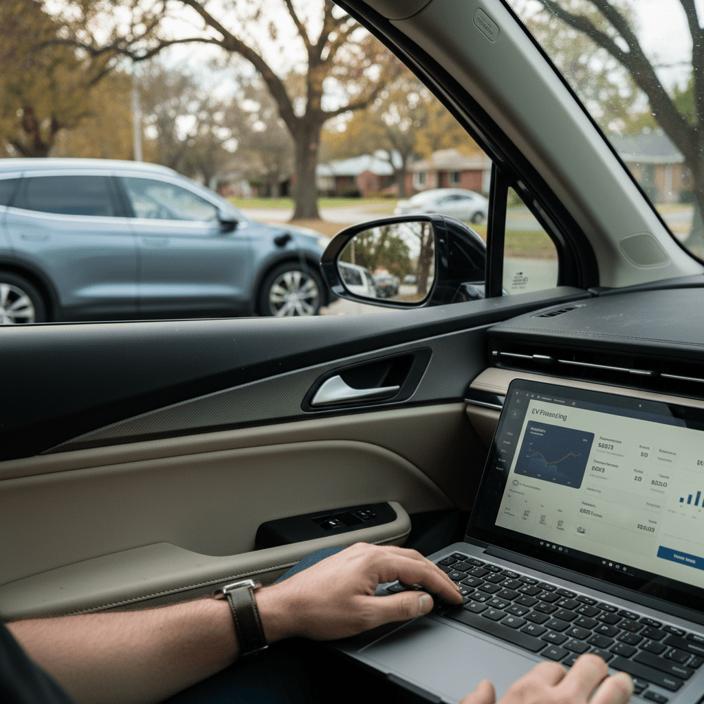 Driver sitting in parked electric vehicle, reviewing refinance loan options on a laptop